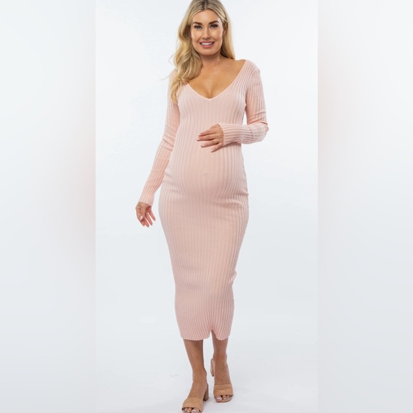 Pinkblush V-Neck Long Sleeve Fitted Maternity Maxi Dress - Picture 1 of 5